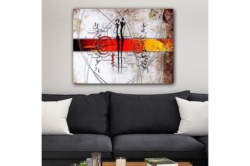 Canvastavla 70x100 cm - Abstrakt konst med två stiliserade figurer som står nära varandra, omgivna av spiraler och linjer - Röd / Svart / Orange - Inredning - Tavlor & posters - Canvastavla