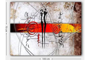 Canvastavla 70x100 cm - Abstrakt konst med två stiliserade figurer som står nära varandra, omgivna av spiraler och linjer - Röd / Svart / Orange - Inredning - Tavlor & posters - Canvastavla