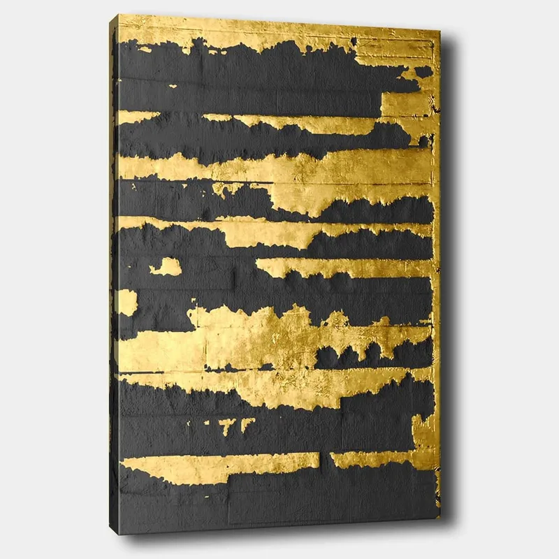 Canvastavla 70x100 cm - Abstrakt konstverk med guld- och svartfärgade linjer som skapar en dynamisk och modern komposition, Guld / Svart