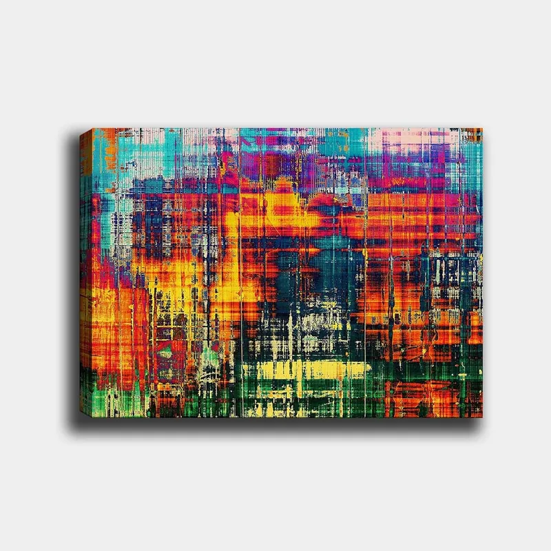 Canvastavla 70x100 cm - Abstrakt konstverk med livliga färger och dynamiska mönster, Turkos / Orange / Mörkblå