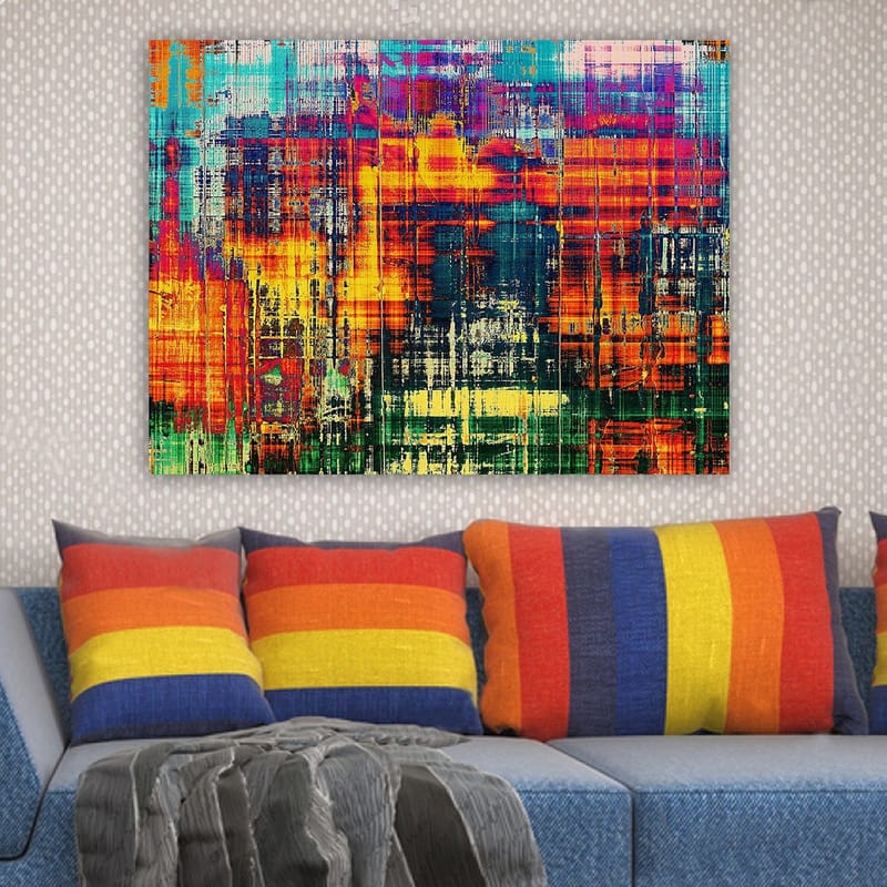 Canvastavla 70x100 cm - Abstrakt konstverk med livliga färger och dynamiska mönster - Turkos / Orange / Mörkblå - Inredning - Tavlor & posters - Canvastavla