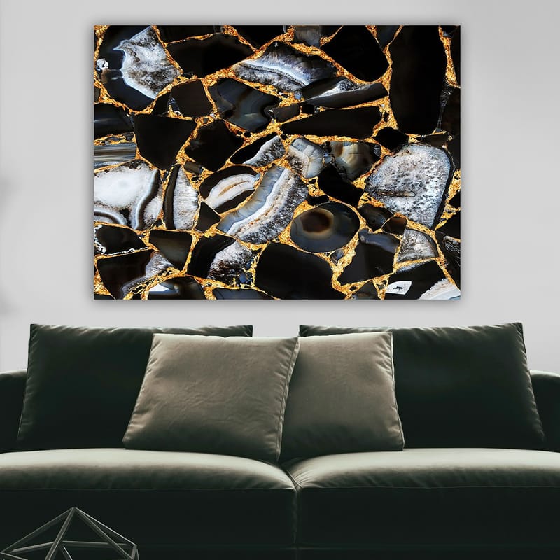 Canvastavla 70x100 cm - Abstrakt konstverk med mönster av svarta och grå stenar med guldiga inslag - Svart / Grå / Guld - Inredning - Tavlor & posters - Canvastavla