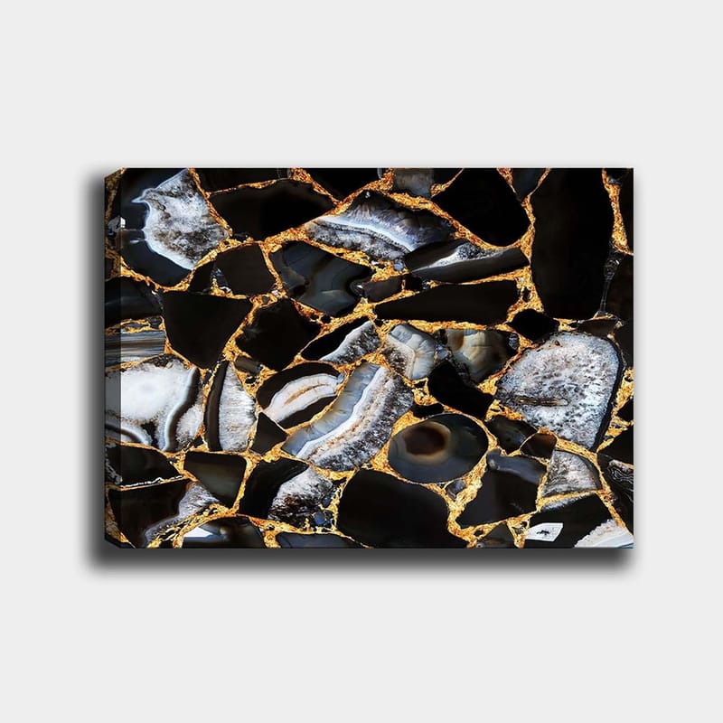 Canvastavla 70x100 cm - Abstrakt konstverk med mönster av svarta och grå stenar med guldiga inslag, Svart / Grå / Guld