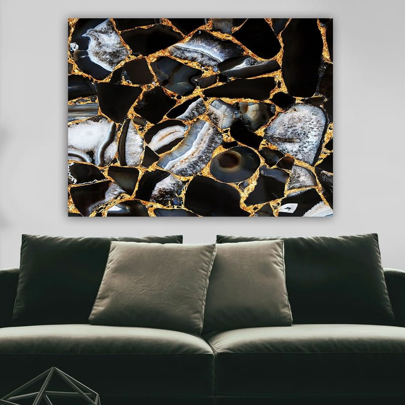 Canvastavla 70x100 cm - Abstrakt konstverk med mönster av svarta och grå stenar med guldiga inslag - Svart / Grå / Guld - Inredning - Tavlor & posters - Canvastavla