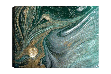 Canvastavla 70x100 cm - Abstrakt konstverk med svarta och guldiga mönster som skapar en känsla av rörelse och djup - Mörkgrön / Guld / Ljusblå - Inredning - Tavlor & posters - Canvastavla