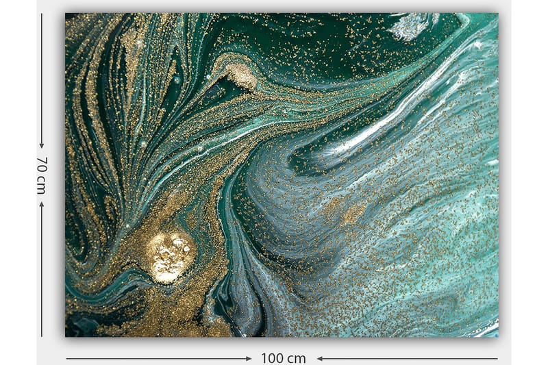 Canvastavla 70x100 cm - Abstrakt konstverk med svarta och guldiga mönster som skapar en känsla av rörelse och djup - Mörkgrön / Guld / Ljusblå - Inredning - Tavlor & posters - Canvastavla