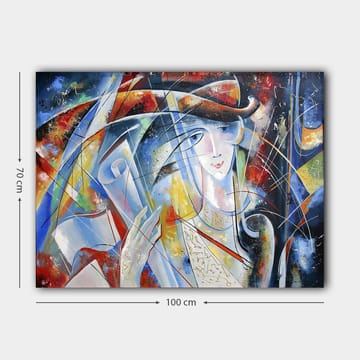 Canvastavla 70x100 cm - Abstrakt kvinna med rullad pergament i handen, omgiven av färgglada former och linjer - Blå / Röd / Vit - Inredning - Tavlor & posters - Canvastavla