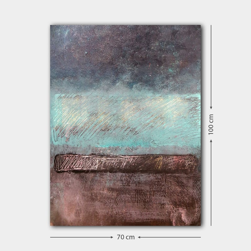 Canvastavla 70x100 cm - Abstrakt landskap med en horisontlinje i dämpade färger - Turkos / Mörkbrun / Grå - Inredning - Tavlor & posters - Canvastavla