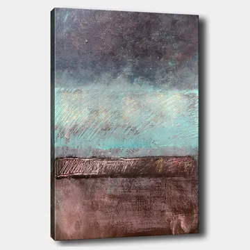 Canvastavla 70x100 cm - Abstrakt landskap med en horisontlinje i dämpade färger - Turkos / Mörkbrun / Grå - Inredning - Tavlor & posters - Canvastavla