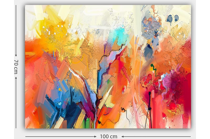 Canvastavla 70x100 cm - Abstrakt landskap med färgsprakande former och dynamiska linjer - Orange / Gult / Blått - Inredning - Tavlor & posters - Canvastavla