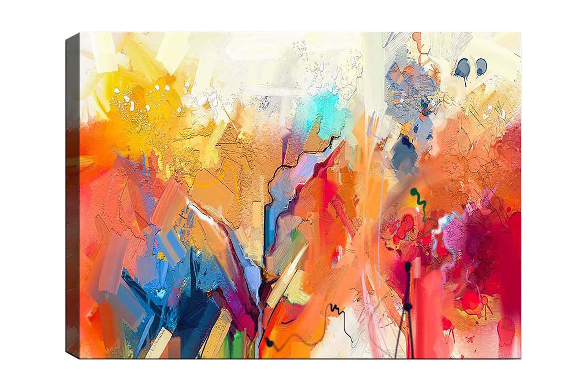 Canvastavla 70x100 cm - Abstrakt landskap med färgsprakande former och dynamiska linjer - Orange / Gult / Blått