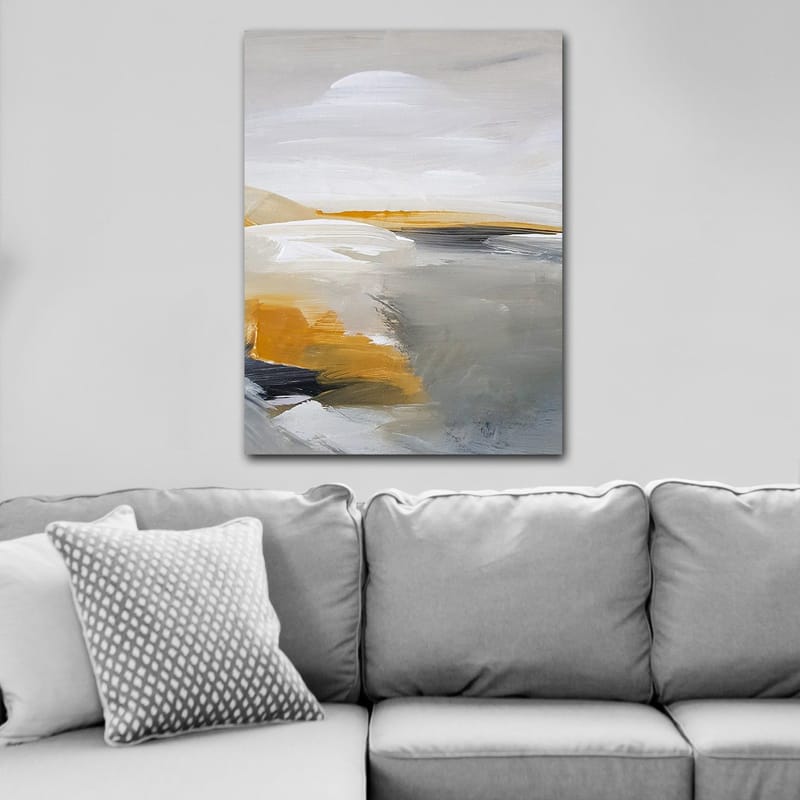 Canvastavla 70x100 cm - Abstrakt landskap med mjuka former och harmoniska färger - Grå / Vit / Gulorange - Inredning - Tavlor & posters - Canvastavla