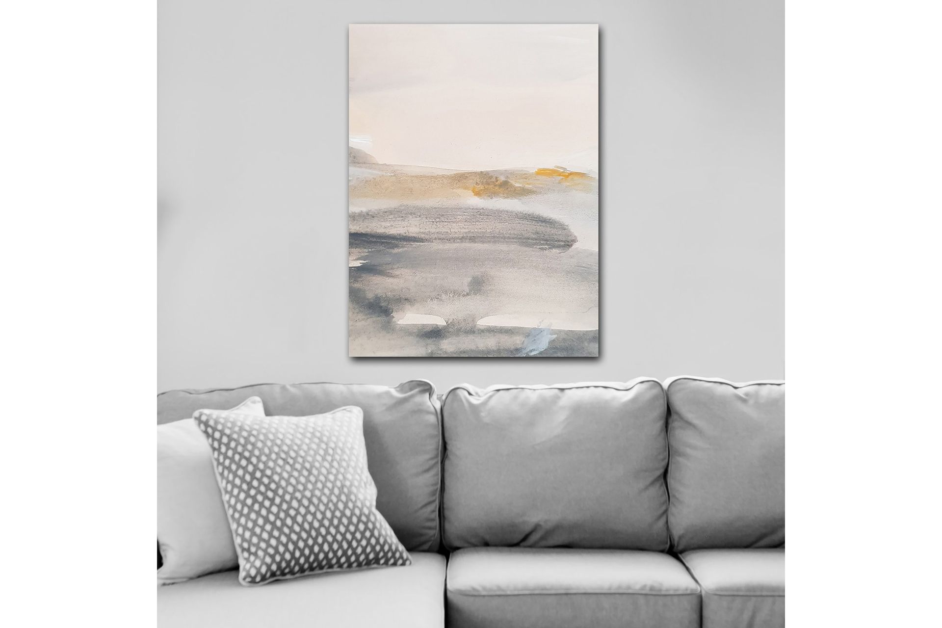 Canvastavla 70x100 cm - Abstrakt landskap med mjuka färgövergångar - Grå / Beige / Ljusblå