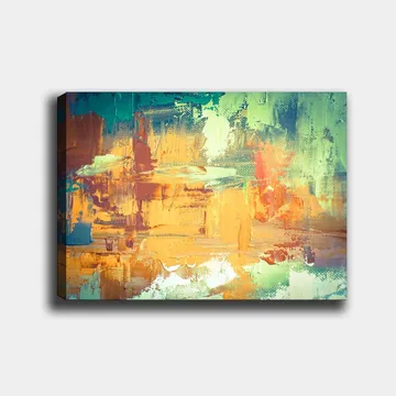 Canvastavla 70x100 cm - Abstrakt landskap med varma och kalla färger som skapar en dynamisk komposition - Grön / Orange / Blå - Inredning - Tavlor & posters - Canvastavla