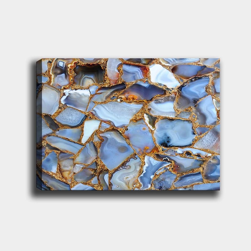 Canvastavla 70x100 cm - Abstrakt mönster av blå och gyllene agater, Blå / Gyllene / Vit