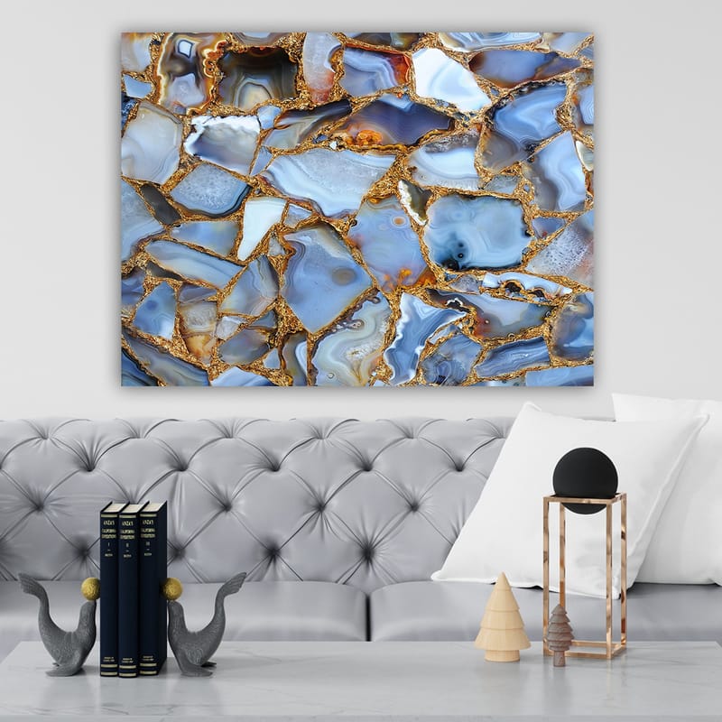 Canvastavla 70x100 cm - Abstrakt mönster av blå och gyllene agater - Blå / Gyllene / Vit - Inredning - Tavlor & posters - Canvastavla