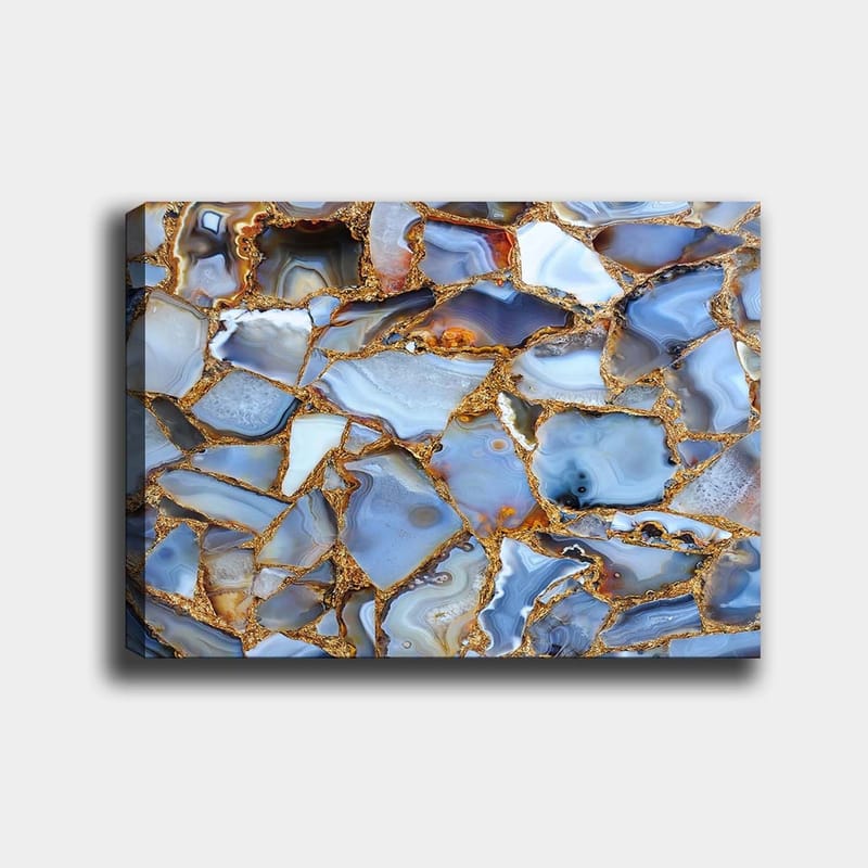 Canvastavla 70x100 cm - Abstrakt mönster av blå och gyllene agater, Blå / Gyllene / Vit