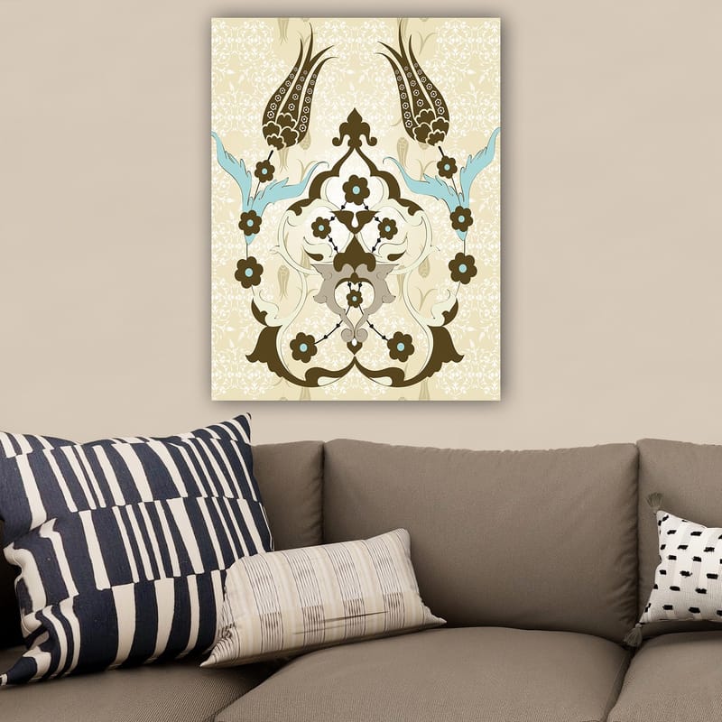 Canvastavla 70x100 cm - Abstrakt mönster med blommor och växtmotiv i en elegant design - Mörkbrun / Ljusblå / Beige - Inredning - Tavlor & posters - Canvastavla