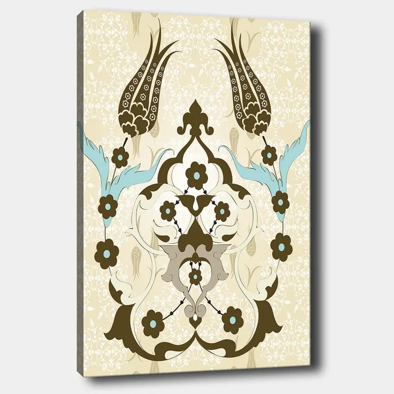 Canvastavla 70x100 cm - Abstrakt mönster med blommor och växtmotiv i en elegant design, Mörkbrun / Ljusblå / Beige