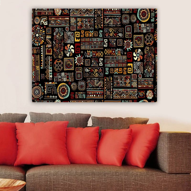 Canvastavla 70x100 cm - Abstrakt mönster med geometriska former och symboler i en färgglad komposition - Svart / Röd / Gul - Inredning - Tavlor & posters - Canvastavla