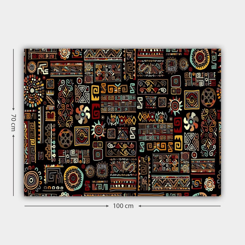 Canvastavla 70x100 cm - Abstrakt mönster med geometriska former och symboler i en färgglad komposition - Svart / Röd / Gul - Inredning - Tavlor & posters - Canvastavla