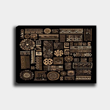 Canvastavla 70x100 cm - Abstrakt mönster med geometriska former och symboler i guld mot en svart bakgrund - Guld / Svart - Inredning - Tavlor & posters - Canvastavla