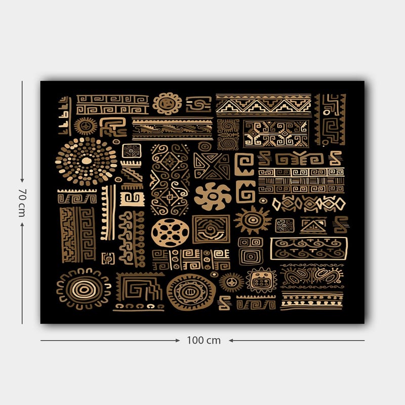 Canvastavla 70x100 cm - Abstrakt mönster med geometriska former och symboler i guld mot en svart bakgrund - Guld / Svart - Inredning - Tavlor & posters - Canvastavla