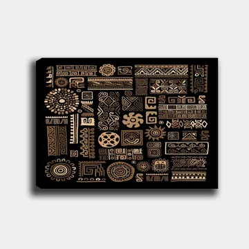 Canvastavla 70x100 cm - Abstrakt mönster med geometriska former och symboler i guld mot en svart bakgrund - Guld / Svart - Inredning - Tavlor & posters - Canvastavla