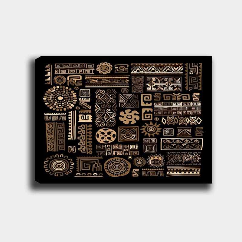 Canvastavla 70x100 cm - Abstrakt mönster med geometriska former och symboler i guld mot en svart bakgrund - Guld / Svart - Inredning - Tavlor & posters - Canvastavla