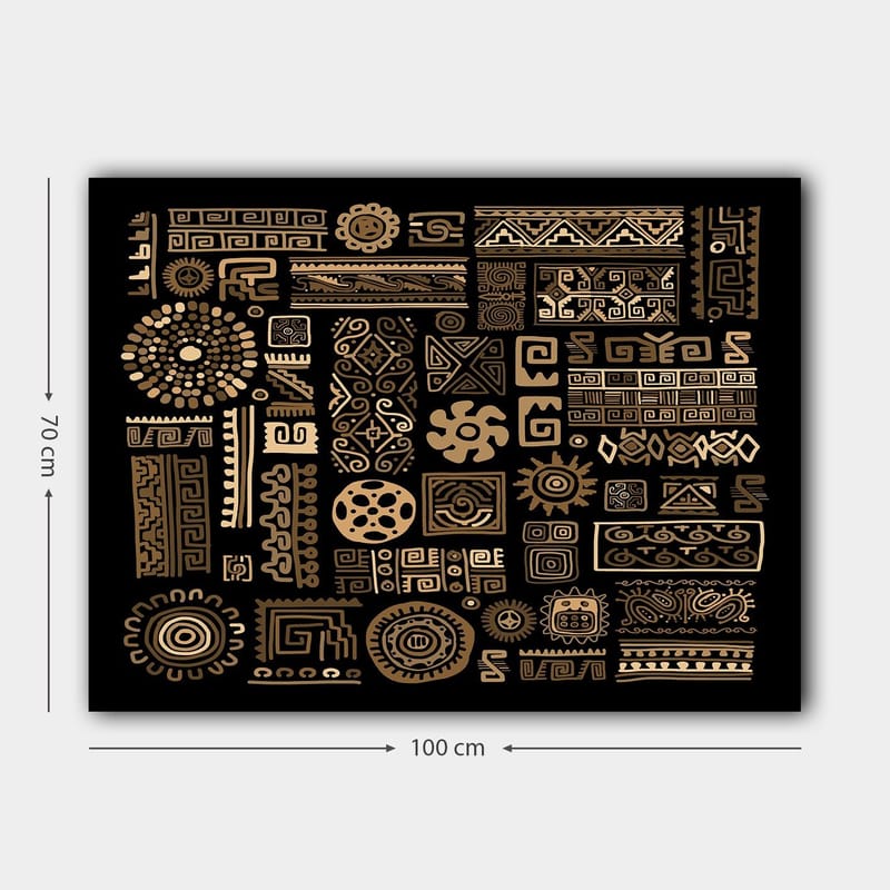 Canvastavla 70x100 cm - Abstrakt mönster med geometriska former och symboler i guld mot en svart bakgrund - Guld / Svart - Inredning - Tavlor & posters - Canvastavla