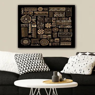 Canvastavla 70x100 cm - Abstrakt mönster med geometriska former och symboler i guld mot en svart bakgrund - Guld / Svart - Inredning - Tavlor & posters - Canvastavla