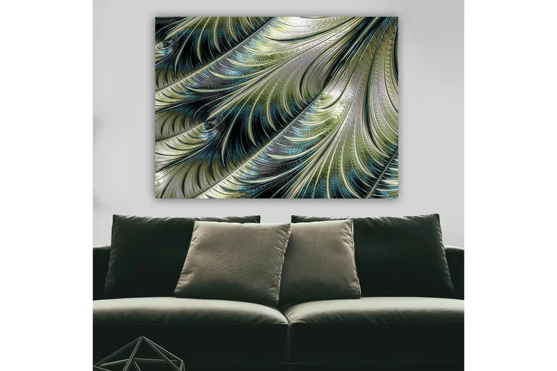 Canvastavla 70x100 cm - Abstrakt mönster med svävande fjädrar i grön och blå nyans - Grön / Blå / Silver - Inredning - Tavlor & posters - Canvastavla