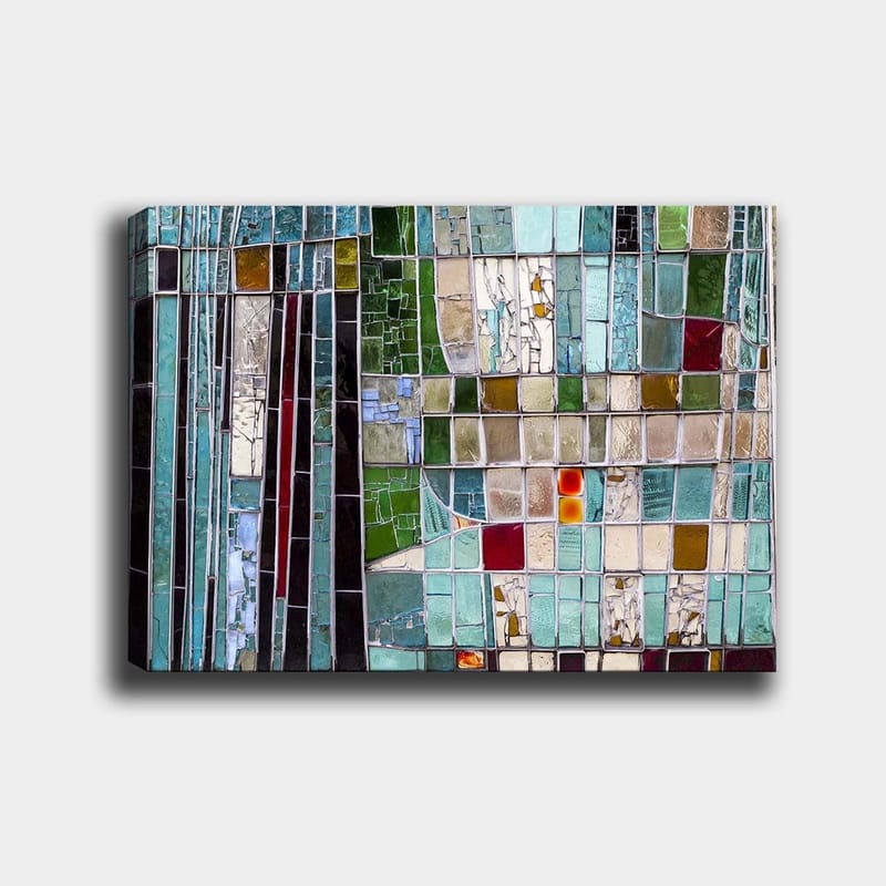 Canvastavla 70x100 cm - Abstrakt mosaik med geometriska former i olika nyanser av grönt och blått, Turkos / Grön / Röd