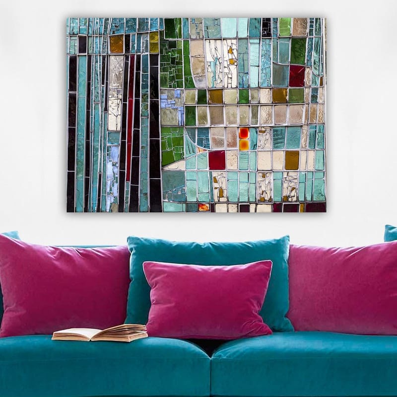 Canvastavla 70x100 cm - Abstrakt mosaik med geometriska former i olika nyanser av grönt och blått - Turkos / Grön / Röd - Inredning - Tavlor & posters - Canvastavla