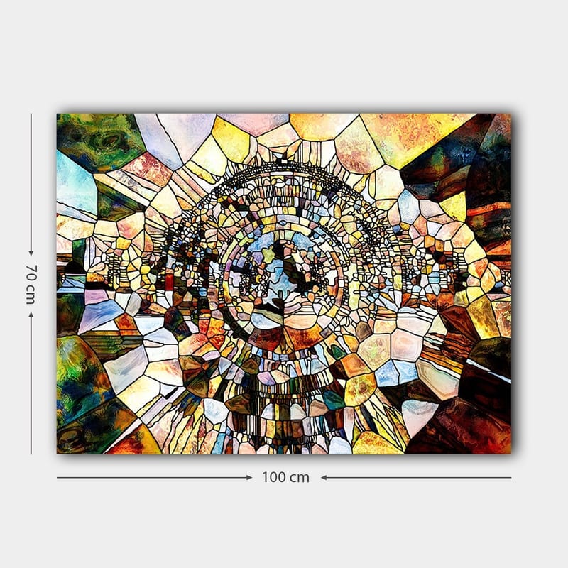 Canvastavla 70x100 cm - Abstrakt mosaikdesign med cirkulära och geometriska former som skapar en känsla av djup och rörelse - Guld / Brunt / Blått - Inredning - Tavlor & posters - Canvastavla