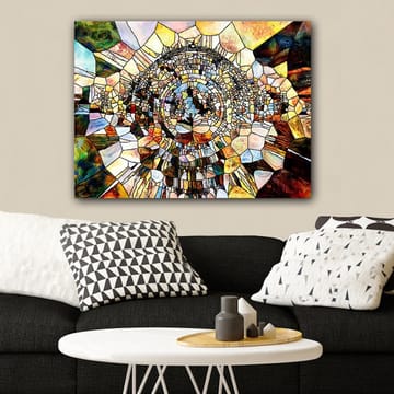 Canvastavla 70x100 cm - Abstrakt mosaikdesign med cirkulära och geometriska former som skapar en känsla av djup och rörelse - Guld / Brunt / Blått - Inredning - Tavlor & posters - Canvastavla