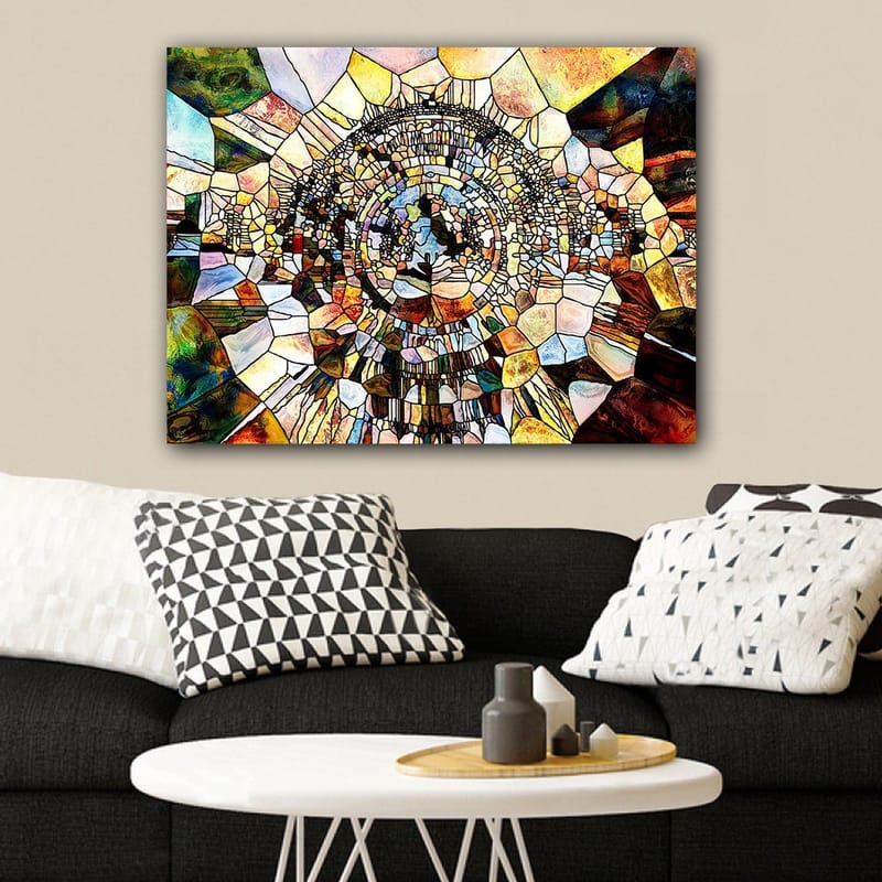 Canvastavla 70x100 cm - Abstrakt mosaikdesign med cirkulära och geometriska former som skapar en känsla av djup och rörelse - Guld / Brunt / Blått - Inredning - Tavlor & posters - Canvastavla