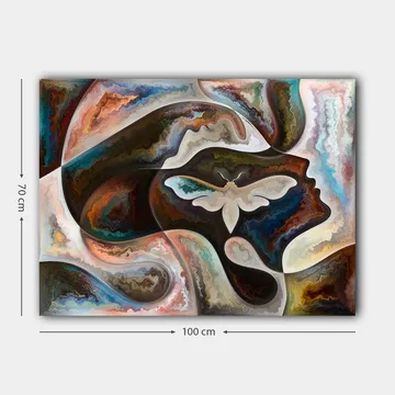 Canvastavla 70x100 cm - Abstrakt skildring av en ansiktsprofil med en fjäril som centralt motiv - Mörkbrun / Beige / Turkos - Inredning - Tavlor & posters - Canvastavla