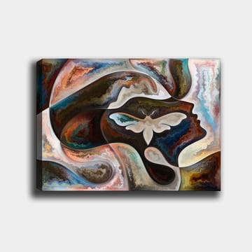 Canvastavla 70x100 cm - Abstrakt skildring av en ansiktsprofil med en fjäril som centralt motiv - Mörkbrun / Beige / Turkos - Inredning - Tavlor & posters - Canvastavla