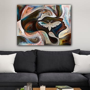 Canvastavla 70x100 cm - Abstrakt skildring av en ansiktsprofil med en fjäril som centralt motiv - Mörkbrun / Beige / Turkos - Inredning - Tavlor & posters - Canvastavla