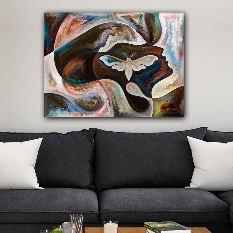 Canvastavla 70x100 cm - Abstrakt skildring av en ansiktsprofil med en fjäril som centralt motiv - Mörkbrun / Beige / Turkos - Inredning - Tavlor & posters - Canvastavla