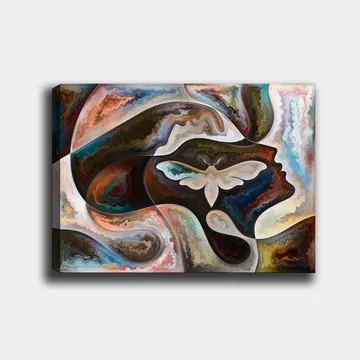 Canvastavla 70x100 cm - Abstrakt skildring av en ansiktsprofil med en fjäril som centralt motiv - Mörkbrun / Beige / Turkos - Inredning - Tavlor & posters - Canvastavla