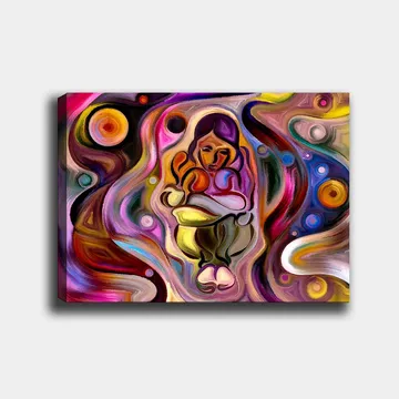 Canvastavla 70x100 cm - Abstrakt skildring av en kvinna som håller ett barn i famnen, omgiven av färgglada svängningar och former - Rosa / Gult / Grönt - Inredning - Tavlor & posters - Canvastavla