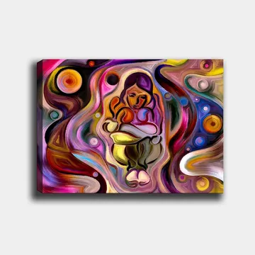 Canvastavla 70x100 cm - Abstrakt skildring av en kvinna som håller ett barn i famnen, omgiven av färgglada svängningar och former - Rosa / Gult / Grönt - Inredning - Tavlor & posters - Canvastavla