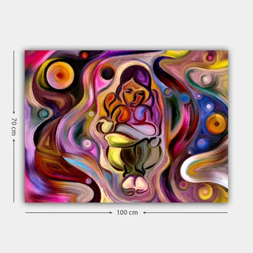 Canvastavla 70x100 cm - Abstrakt skildring av en kvinna som håller ett barn i famnen, omgiven av färgglada svängningar och former - Rosa / Gult / Grönt - Inredning - Tavlor & posters - Canvastavla