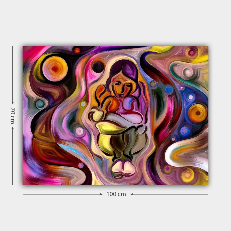 Canvastavla 70x100 cm - Abstrakt skildring av en kvinna som håller ett barn i famnen, omgiven av färgglada svängningar och former - Rosa / Gult / Grönt - Inredning - Tavlor & posters - Canvastavla