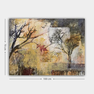 Canvastavla 70x100 cm - Abstrakt skildring av träd i höstlandskap med inslag av text och färgglada löv - Guld / Brun / Svart - Inredning - Tavlor & posters - Canvastavla