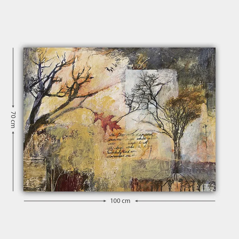 Canvastavla 70x100 cm - Abstrakt skildring av träd i höstlandskap med inslag av text och färgglada löv - Guld / Brun / Svart - Inredning - Tavlor & posters - Canvastavla