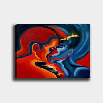 Canvastavla 70x100 cm - Abstrakt skildring av två ansikten som närmar sig varandra i en intensiv och känslomässig omfamning - Röd / Blå / Svart - Inredning - Tavlor & posters - Canvastavla