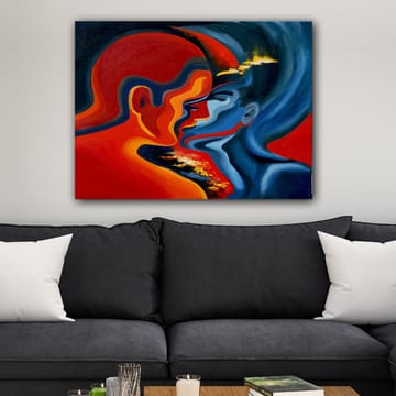 Canvastavla 70x100 cm - Abstrakt skildring av två ansikten som närmar sig varandra i en intensiv och känslomässig omfamning - Röd / Blå / Svart - Inredning - Tavlor & posters - Canvastavla
